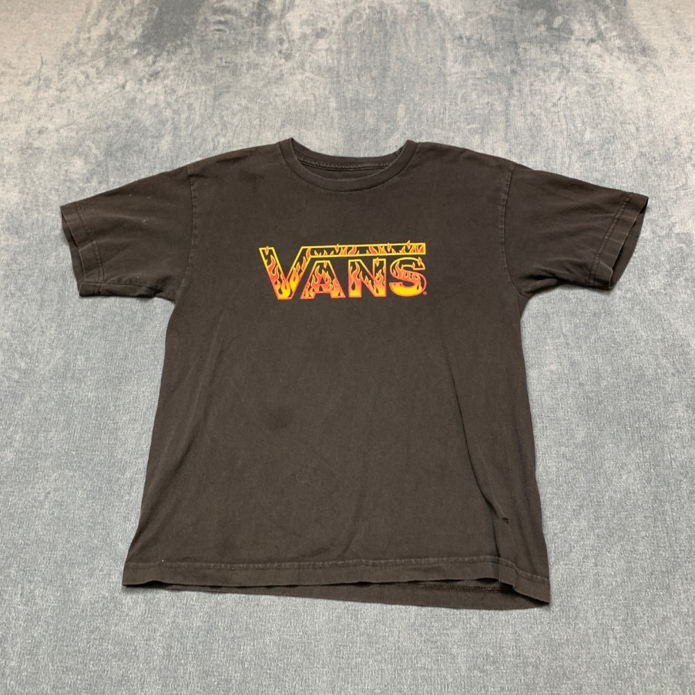 Vans T Shirt Boys Large Black Graphic Print Flame Logo Crew Neck Streetwear
